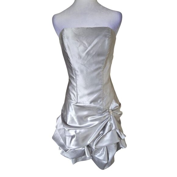 VTG Gunne Sax Silver Metallic Strapless Ruched Mini Dress 80s Y2K Glam Hoco Prom - Picture 1 of 11